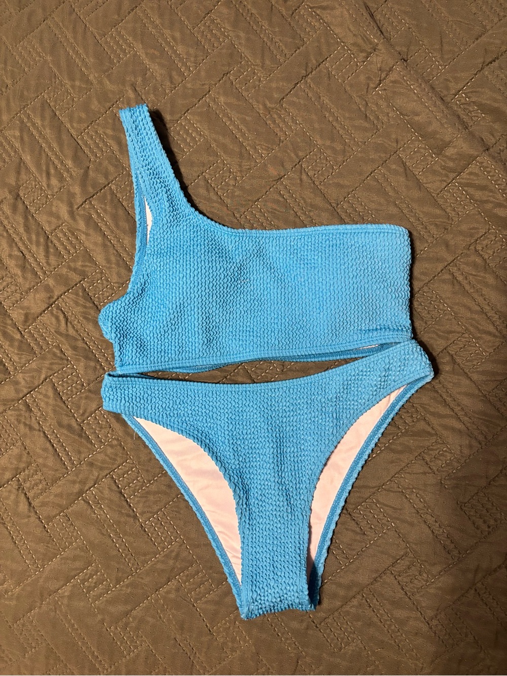One-Shoulder Blue Textured Bikini Set